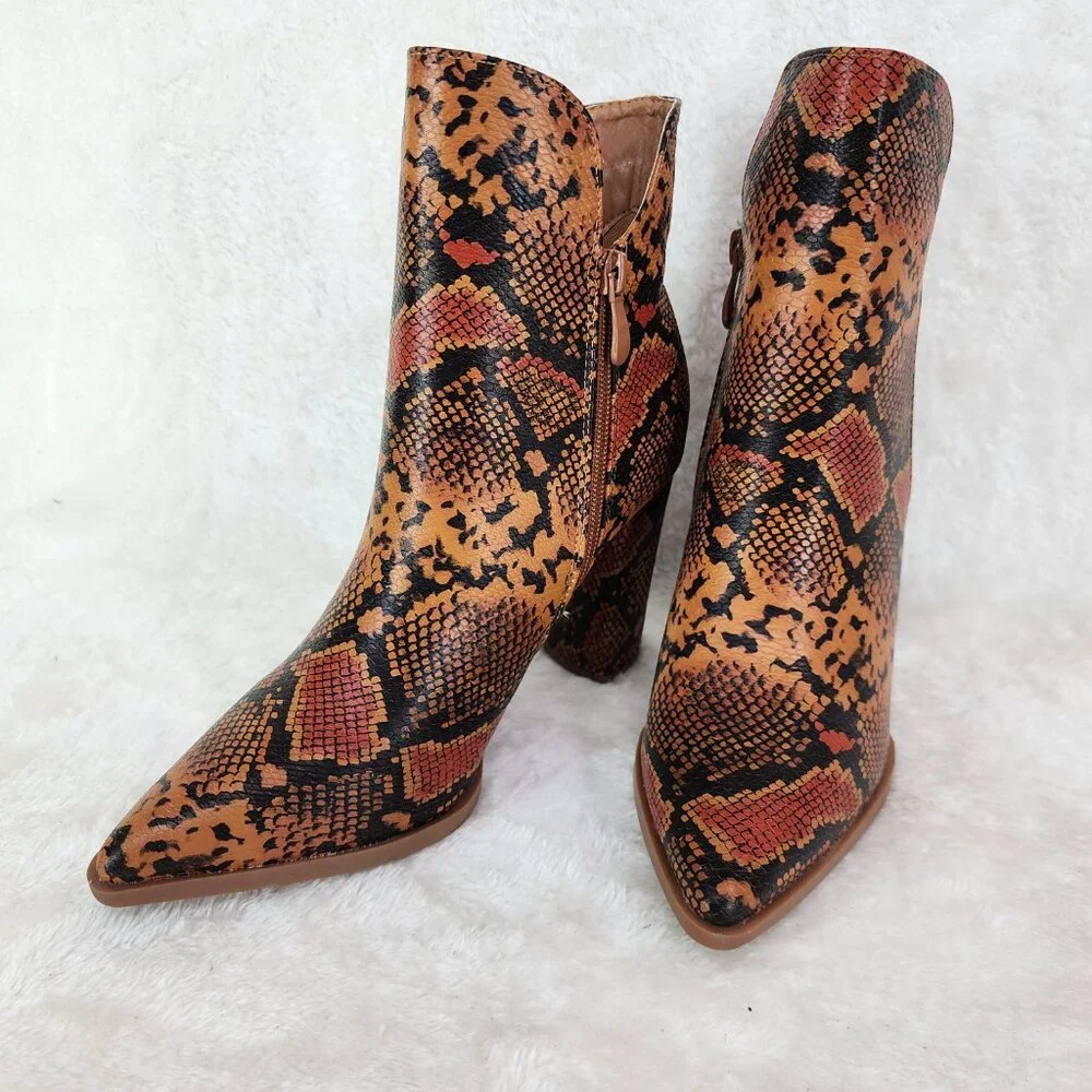 Brown Snake Print 3" Chunky Heel Ankle boots - Picture 4 of 8